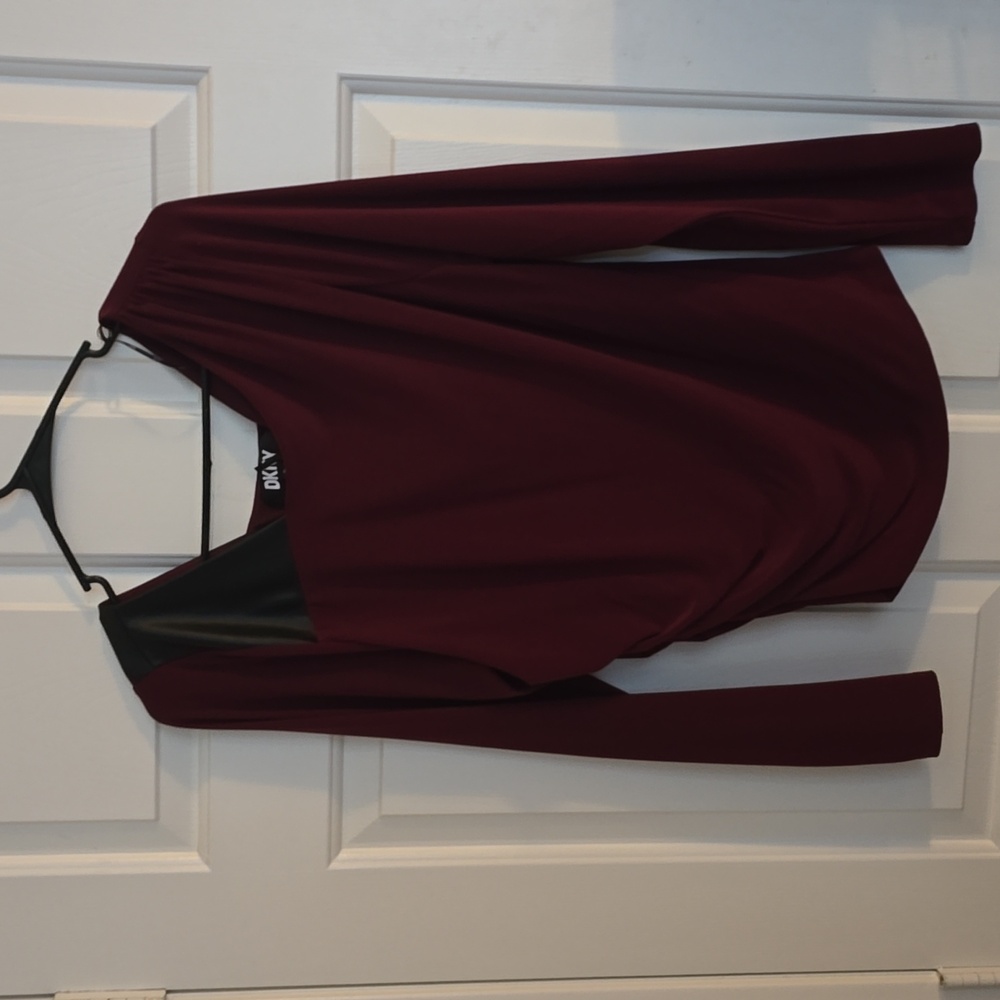 DKNY top with faux leather shoulder